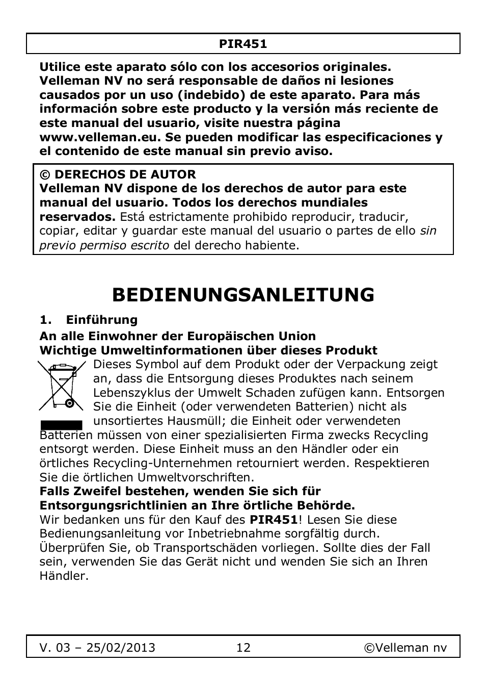 Bedienungsanleitung, Einführung | Velleman PIR451 User Manual | Page 12 / 26