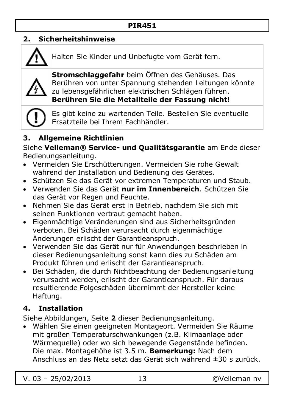 Sicherheitshinweise, Allgemeine richtlinien, Installation | Velleman PIR451 User Manual | Page 13 / 26