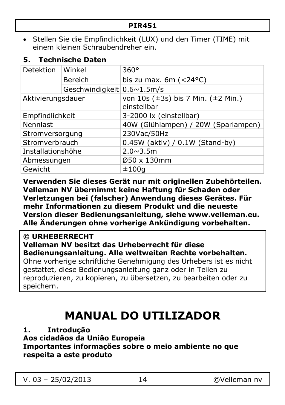 Technische daten, Manual do utilizador | Velleman PIR451 User Manual | Page 14 / 26
