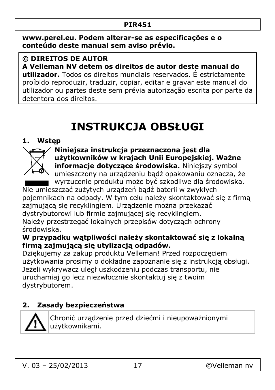Instrukcja obsługi, Wstęp, Zasady bezpieczeństwa | Velleman PIR451 User Manual | Page 17 / 26
