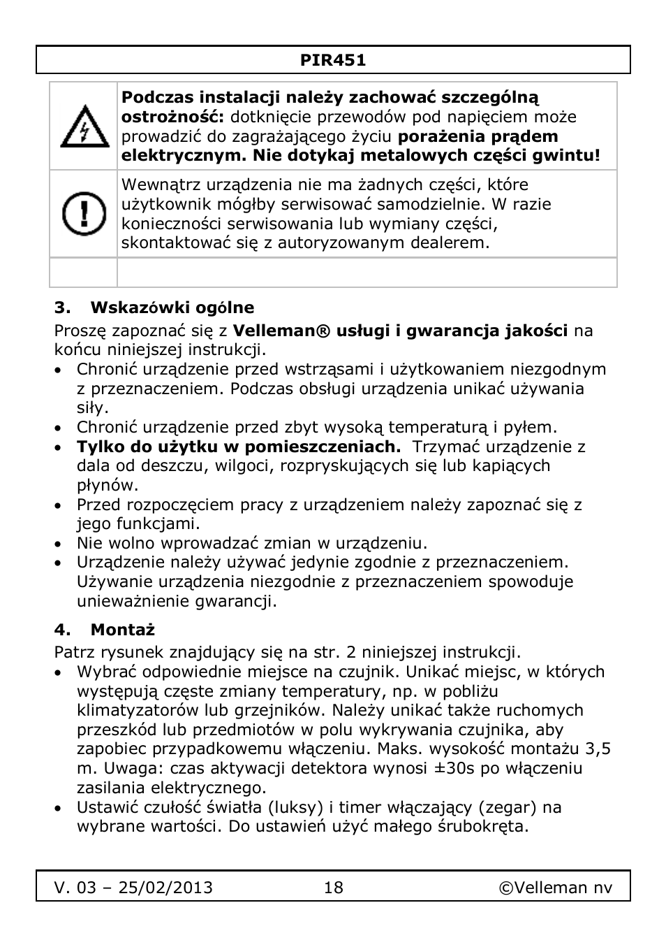 Wskazόwki ogόlne, Montaż | Velleman PIR451 User Manual | Page 18 / 26