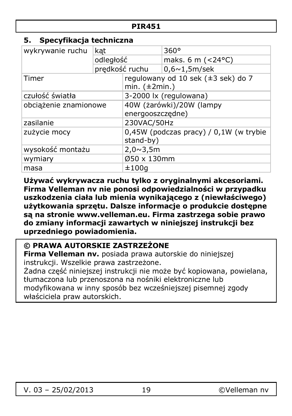 Specyfikacja techniczna | Velleman PIR451 User Manual | Page 19 / 26