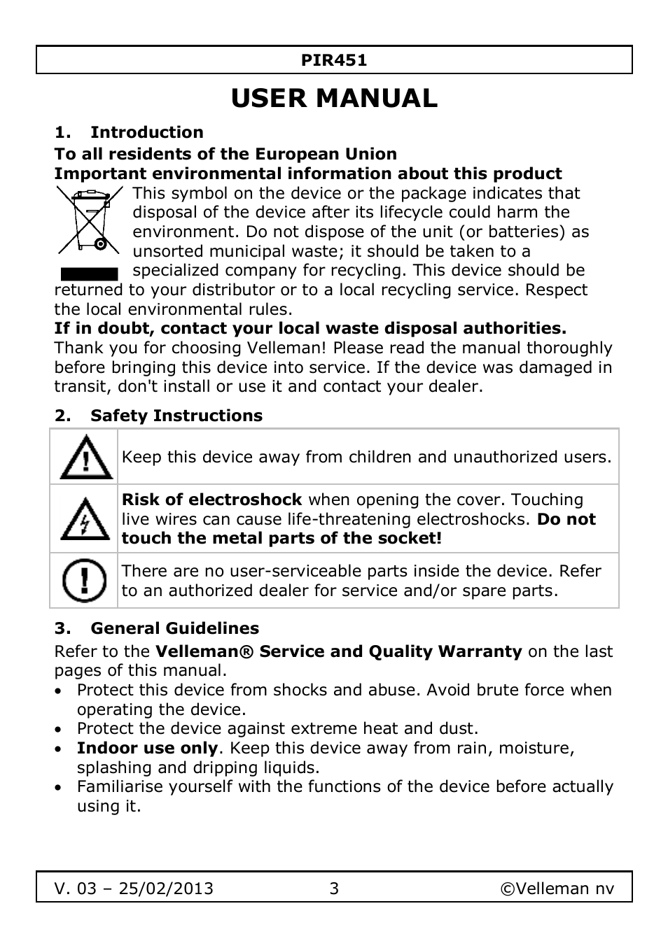 User manual, Introduction, Safety instructions | General guidelines | Velleman PIR451 User Manual | Page 3 / 26