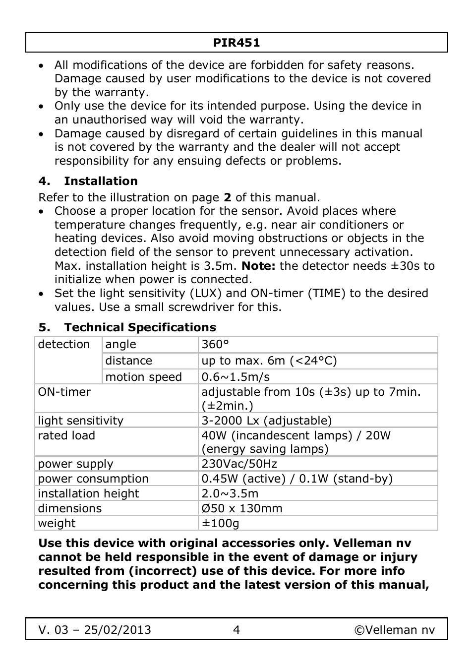 Installation, Technical specifications | Velleman PIR451 User Manual | Page 4 / 26