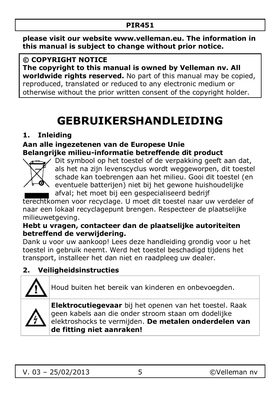 Gebruikershandleiding, Inleiding, Veiligheidsinstructies | Velleman PIR451 User Manual | Page 5 / 26