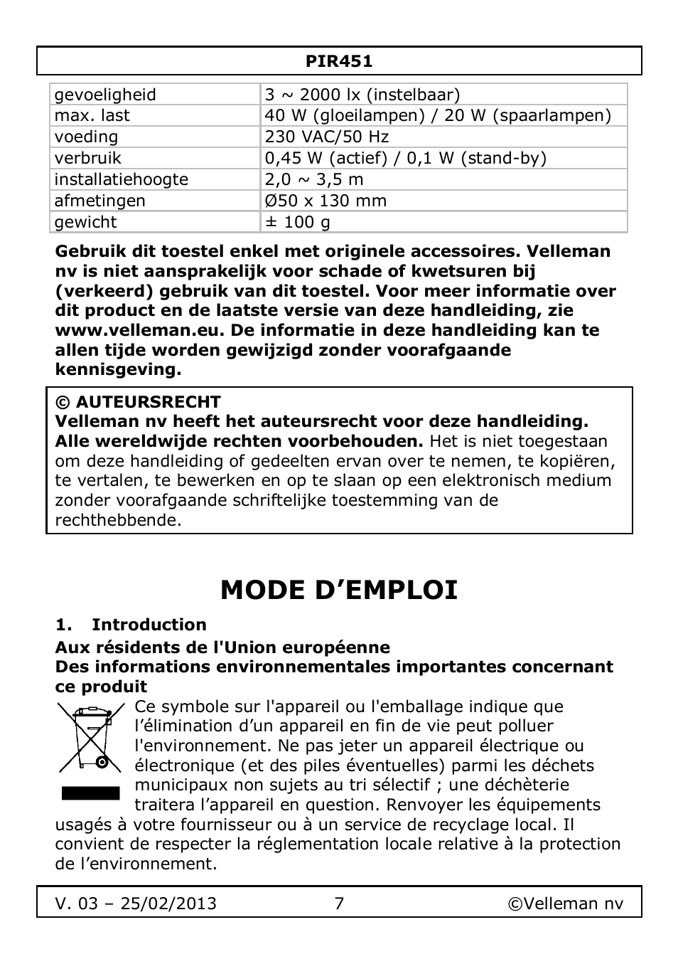 Mode d’emploi, Introduction | Velleman PIR451 User Manual | Page 7 / 26