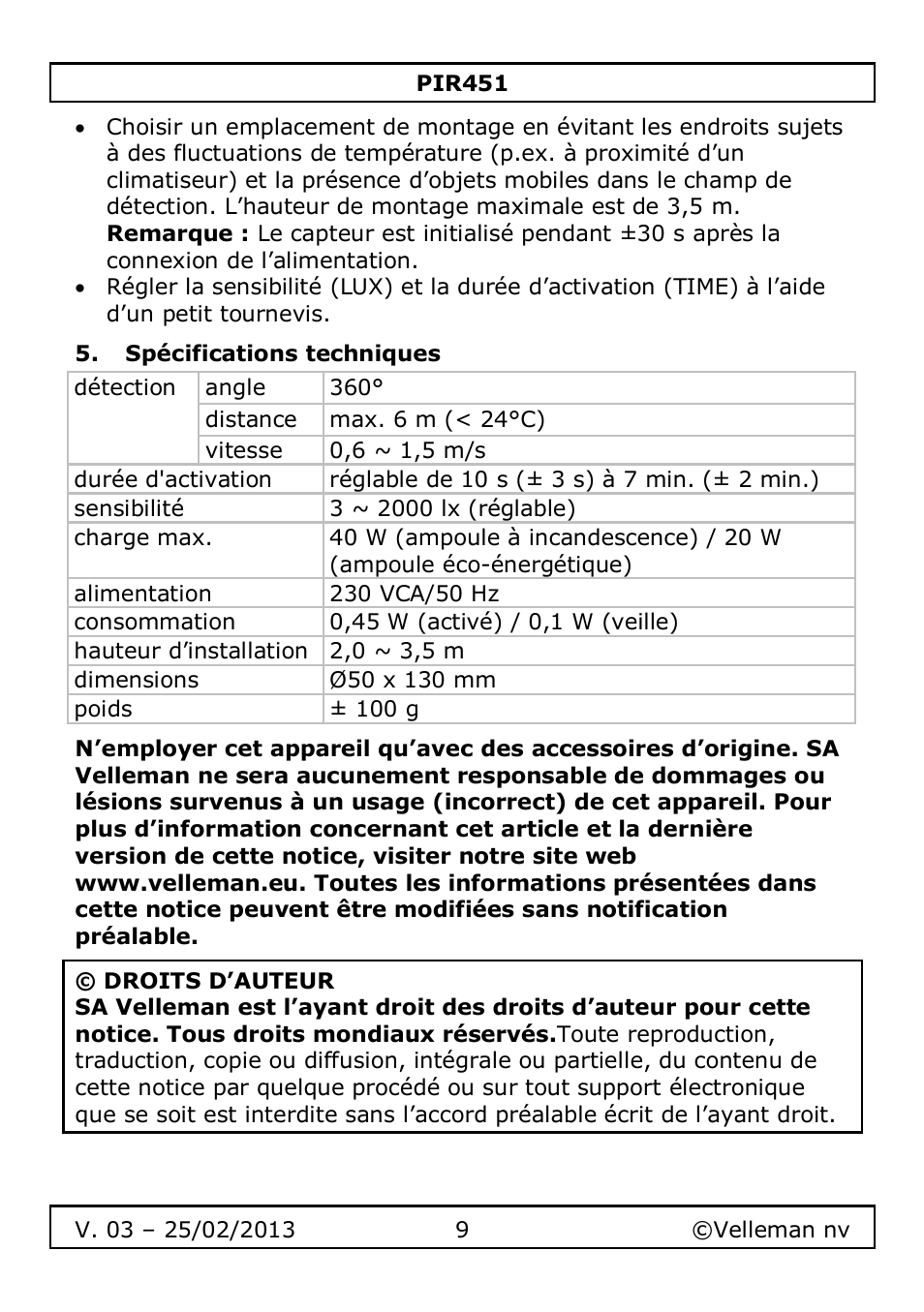 Spécifications techniques | Velleman PIR451 User Manual | Page 9 / 26