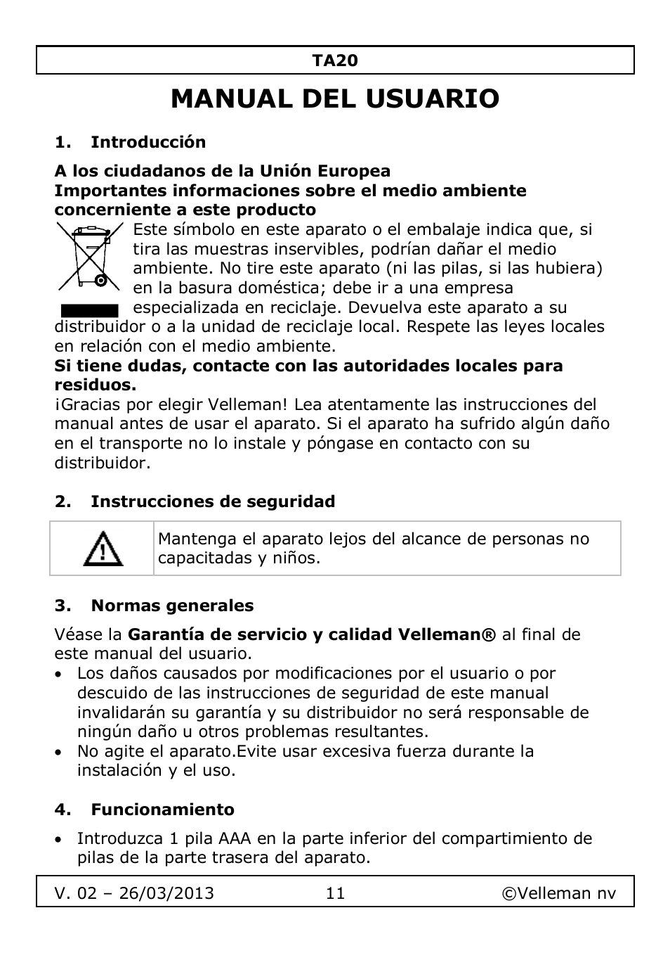 Manual del usuario, Introducción, Instrucciones de seguridad | Normas generales, Funcionamiento | Velleman TA20 User Manual | Page 11 / 29
