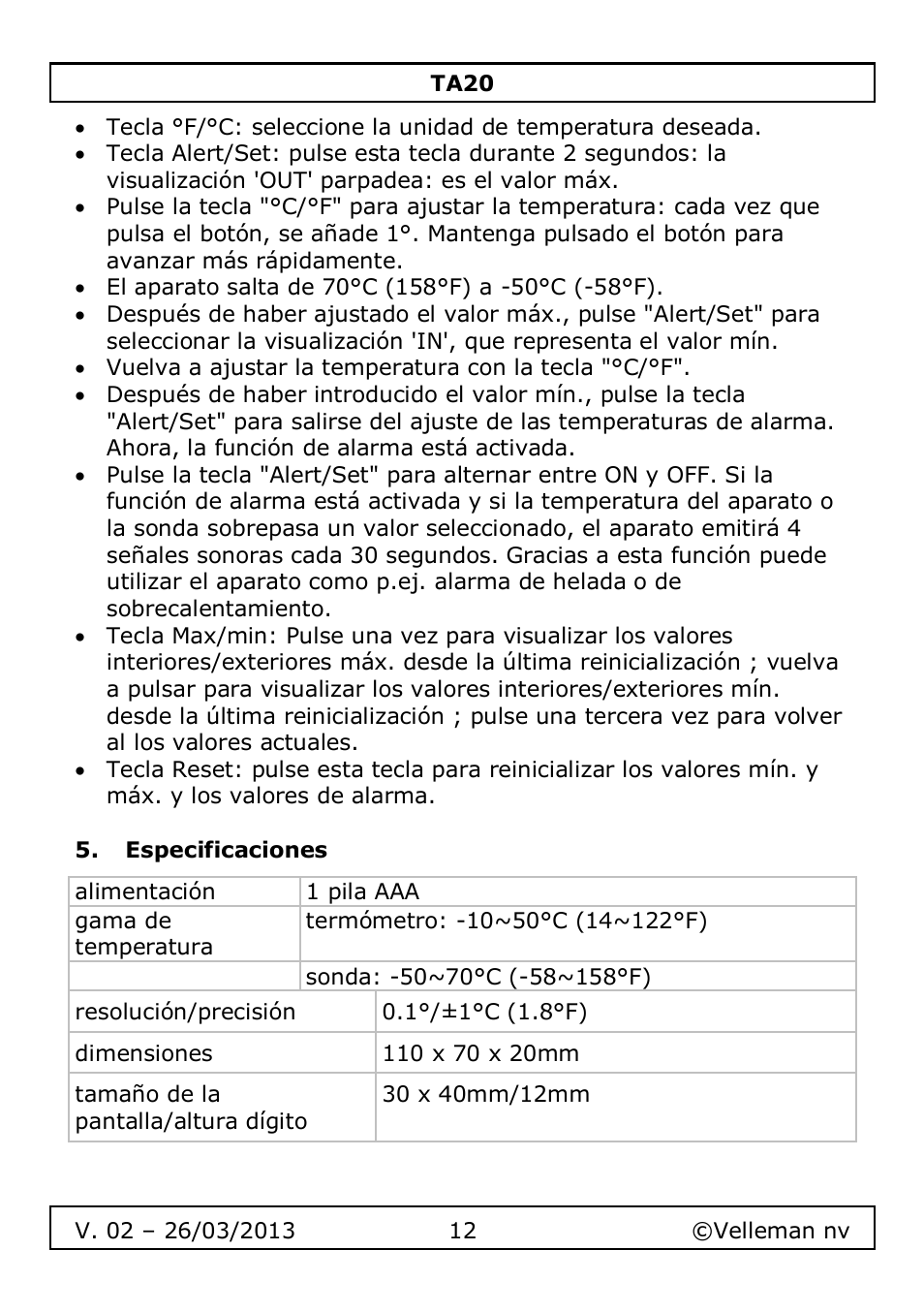 Especificaciones | Velleman TA20 User Manual | Page 12 / 29