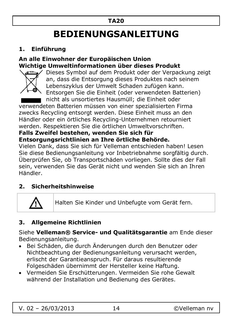 Bedienungsanleitung, Einführung, Sicherheitshinweise | Allgemeine richtlinien | Velleman TA20 User Manual | Page 14 / 29