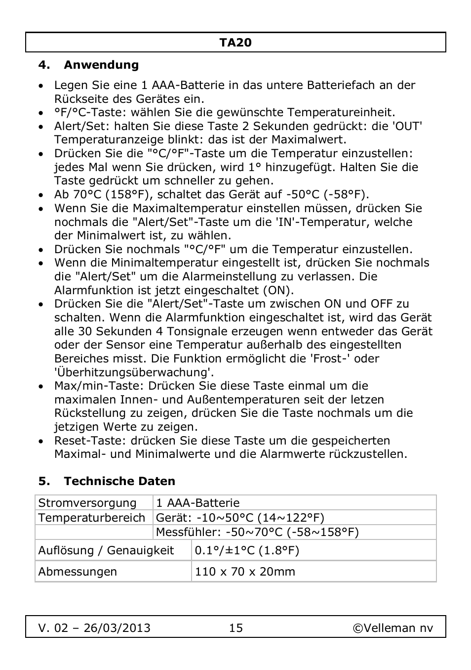 Anwendung, Technische daten | Velleman TA20 User Manual | Page 15 / 29