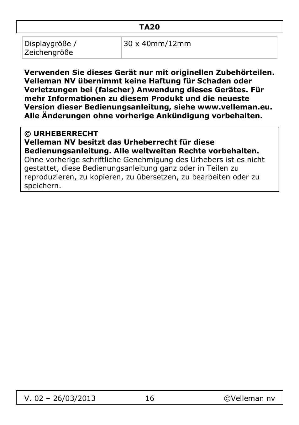 Velleman TA20 User Manual | Page 16 / 29