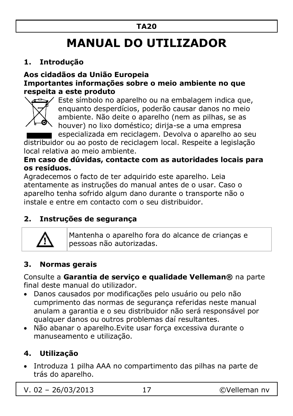 Manual do utilizador, Introdução, Instruções de segurança | Normas gerais, Utilização | Velleman TA20 User Manual | Page 17 / 29