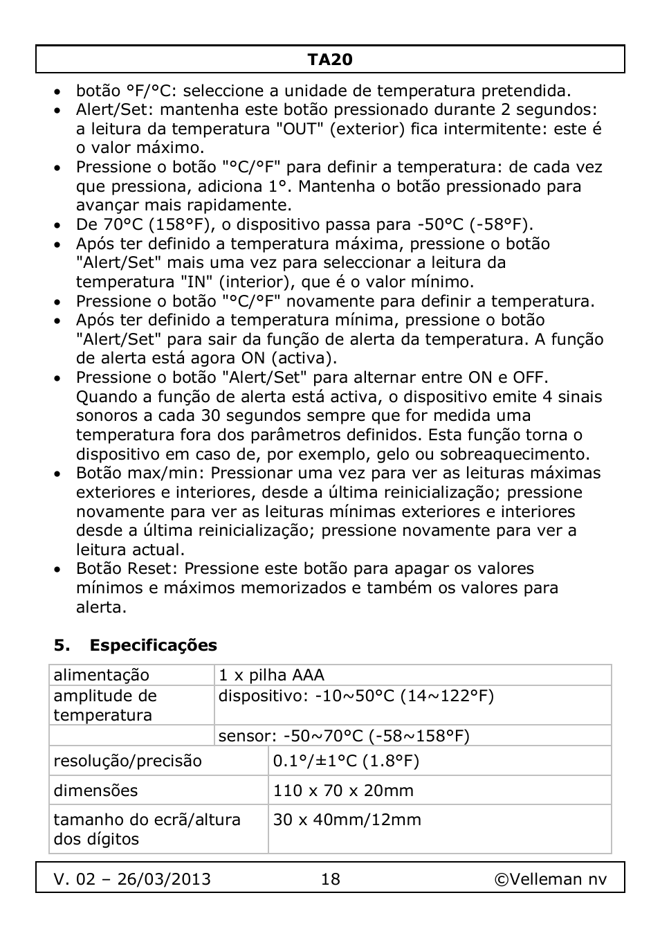 Especificações | Velleman TA20 User Manual | Page 18 / 29
