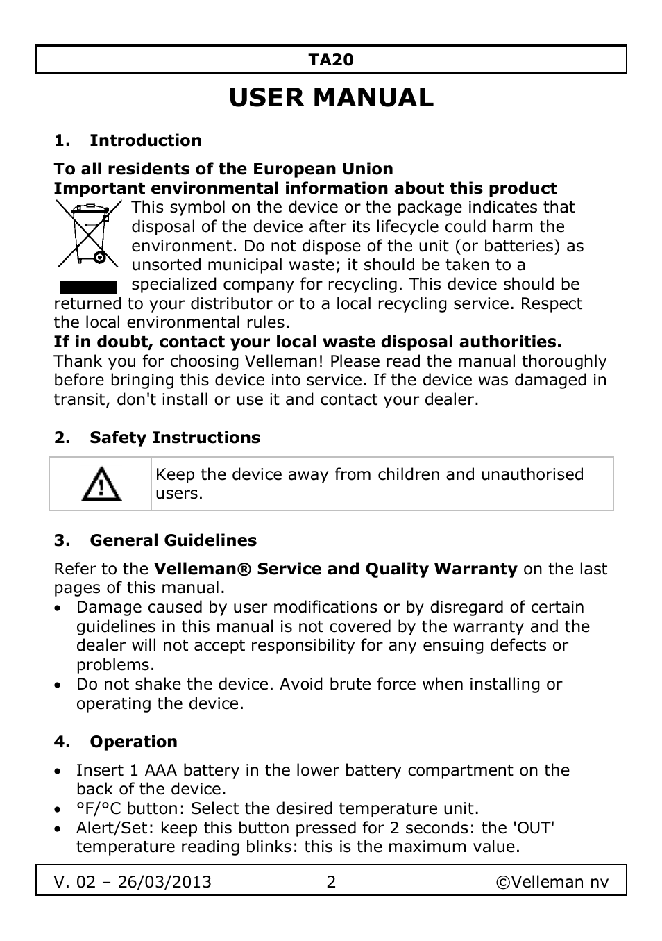 User manual, Introduction, Safety instructions | General guidelines, Operation | Velleman TA20 User Manual | Page 2 / 29