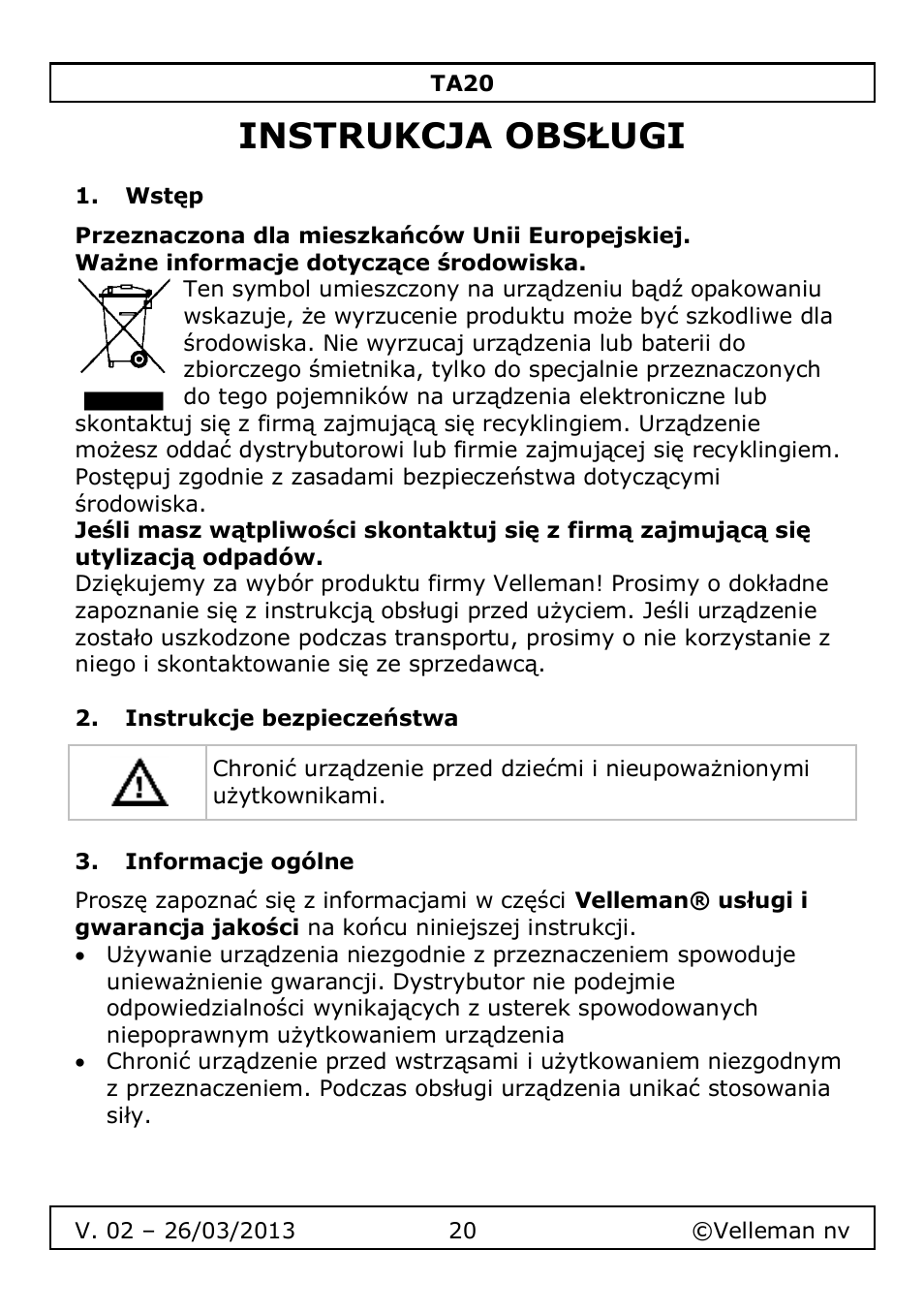 Instrukcja obsługi, Wstęp, Instrukcje bezpieczeństwa | Informacje ogólne | Velleman TA20 User Manual | Page 20 / 29