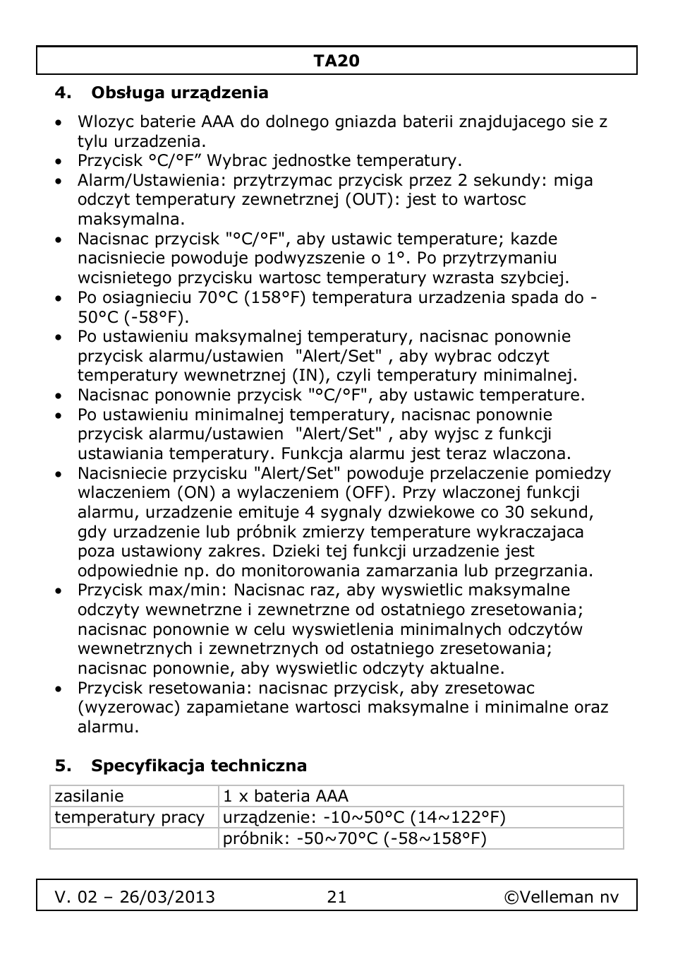 Obsługa urządzenia, Specyfikacja techniczna | Velleman TA20 User Manual | Page 21 / 29