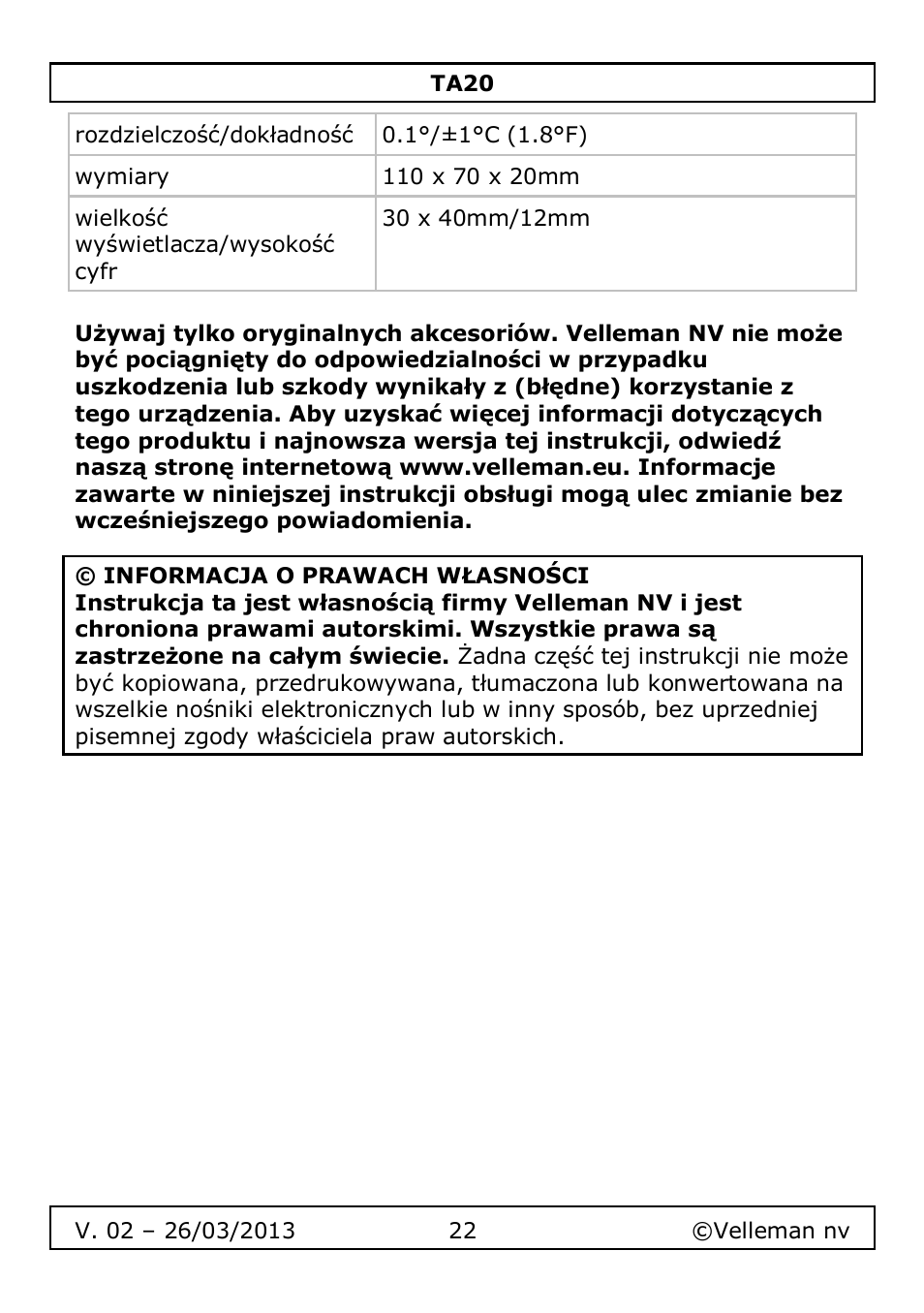 Velleman TA20 User Manual | Page 22 / 29