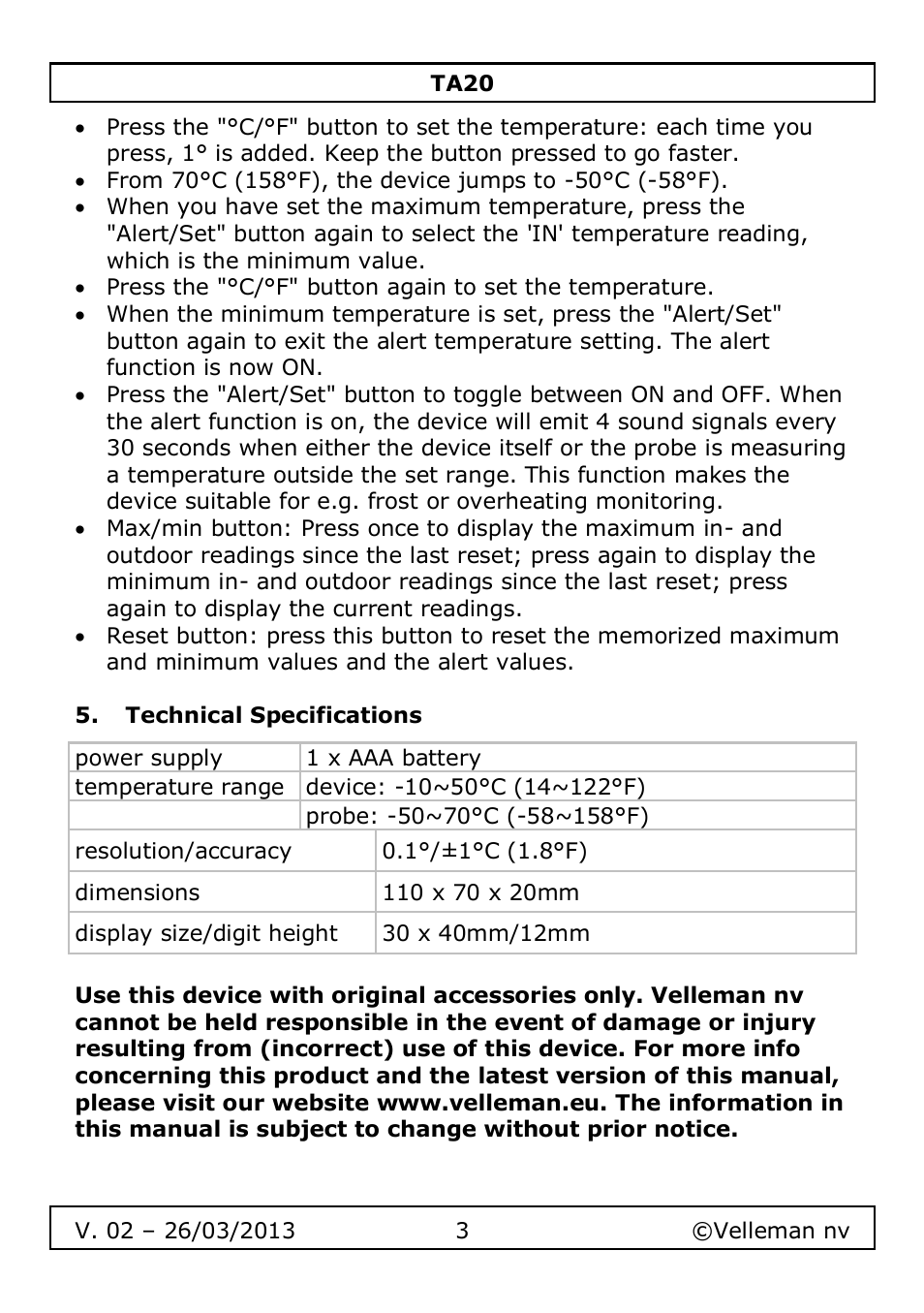 Technical specifications | Velleman TA20 User Manual | Page 3 / 29