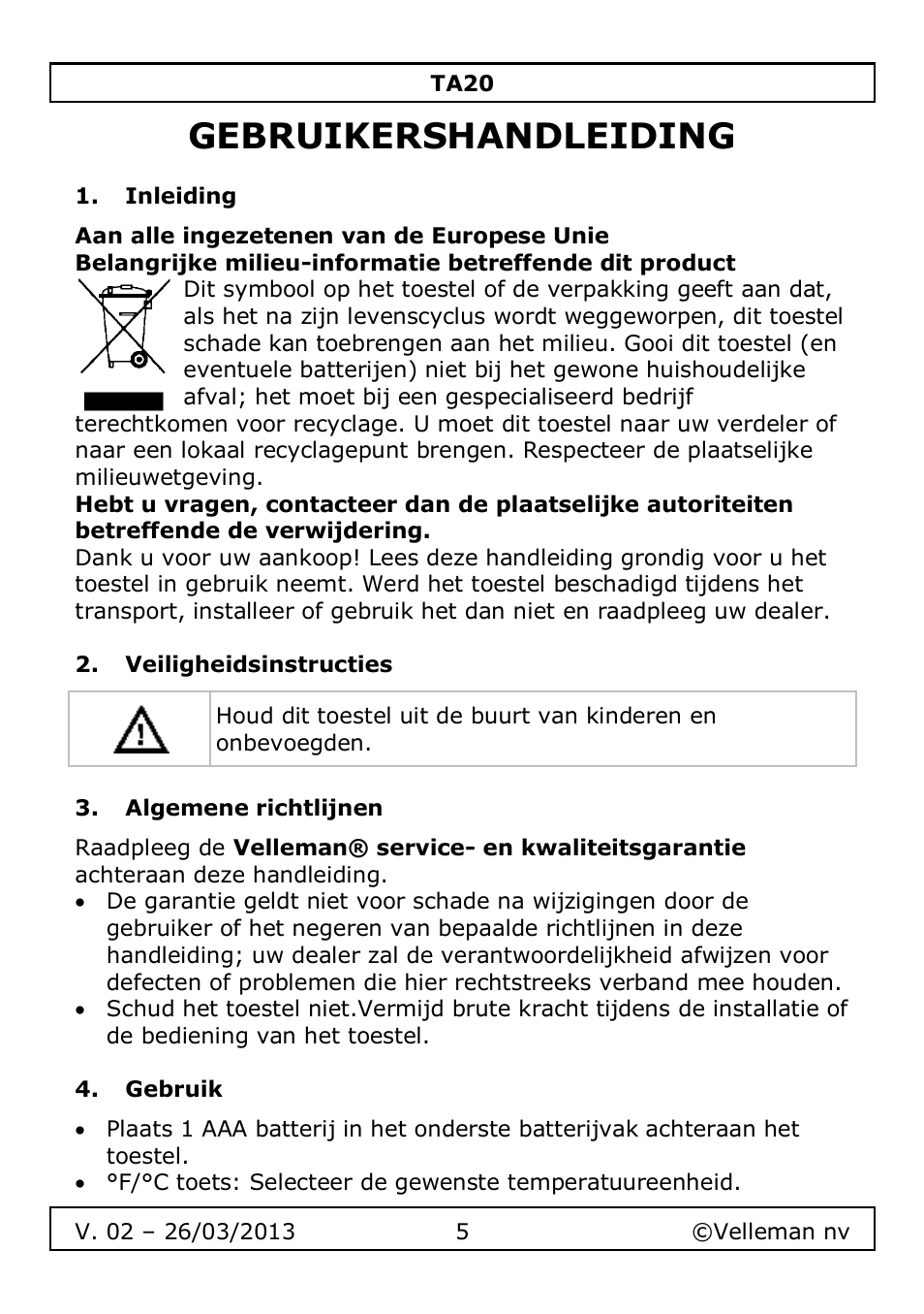 Gebruikershandleiding, Inleiding, Veiligheidsinstructies | Algemene richtlijnen, Gebruik | Velleman TA20 User Manual | Page 5 / 29