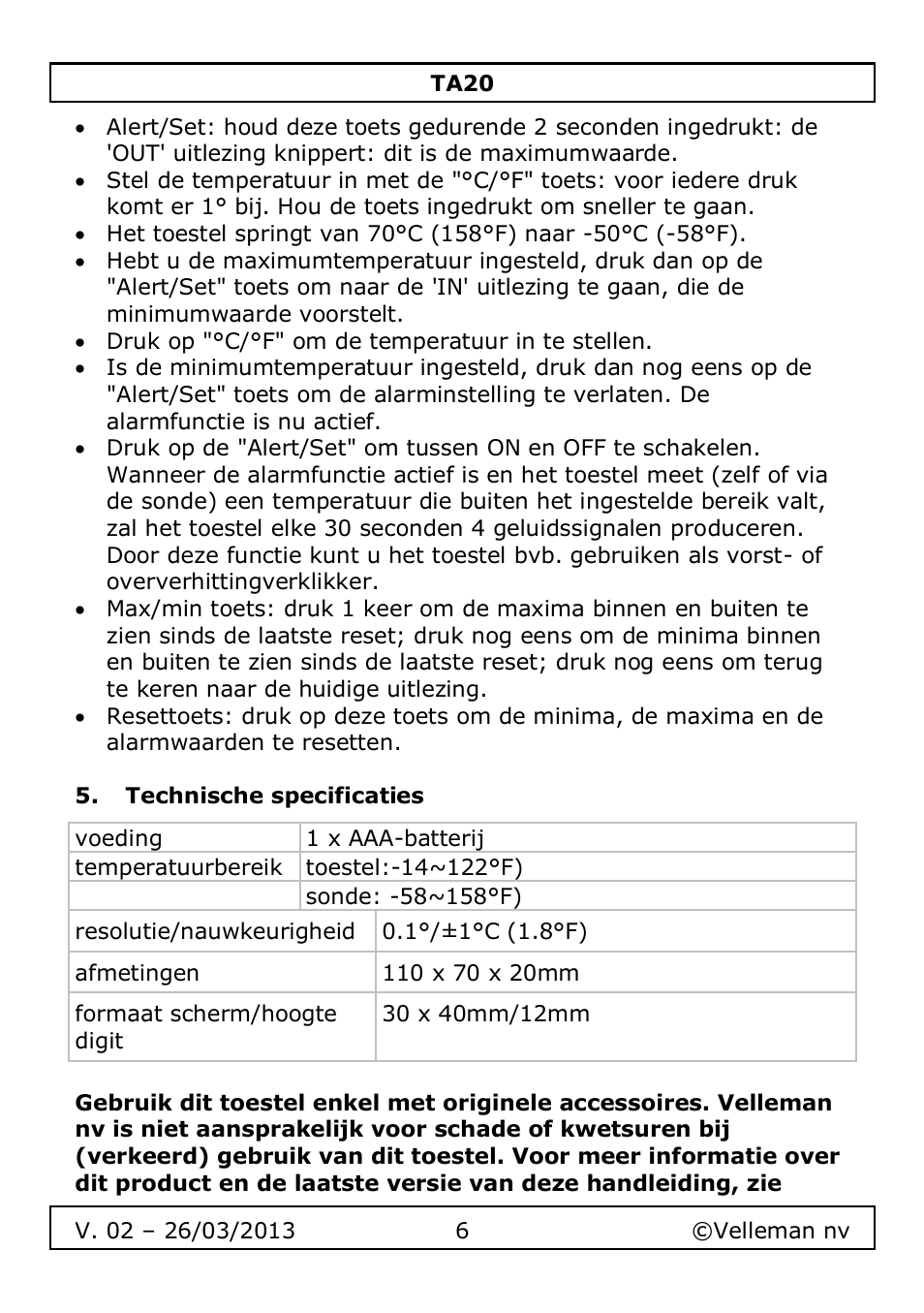 Technische specificaties | Velleman TA20 User Manual | Page 6 / 29