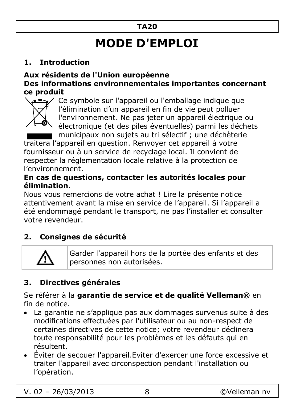 Mode d'emploi, Introduction, Consignes de sécurité | Directives générales | Velleman TA20 User Manual | Page 8 / 29
