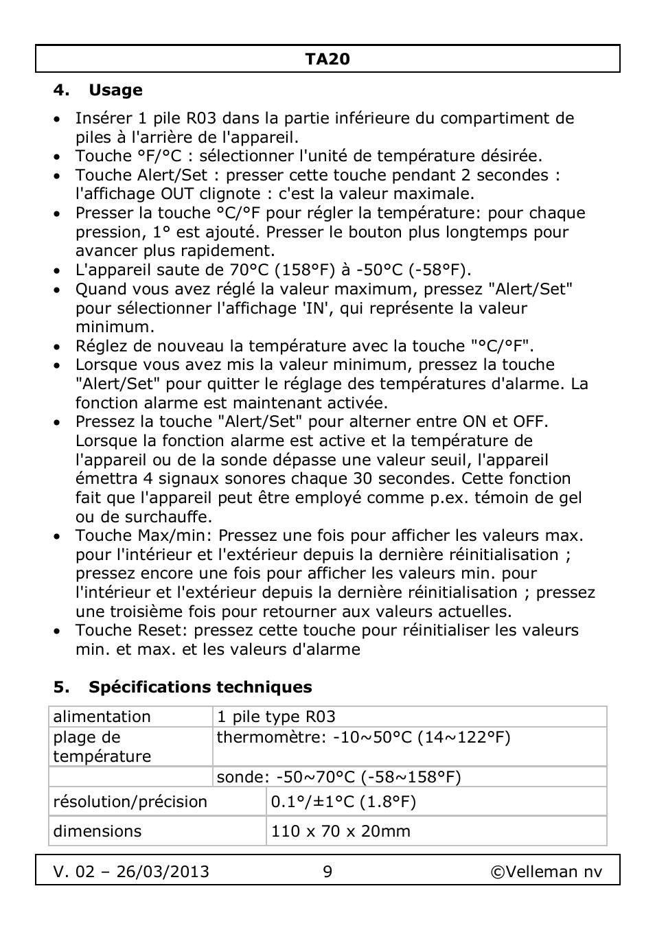 Usage, Spécifications techniques | Velleman TA20 User Manual | Page 9 / 29