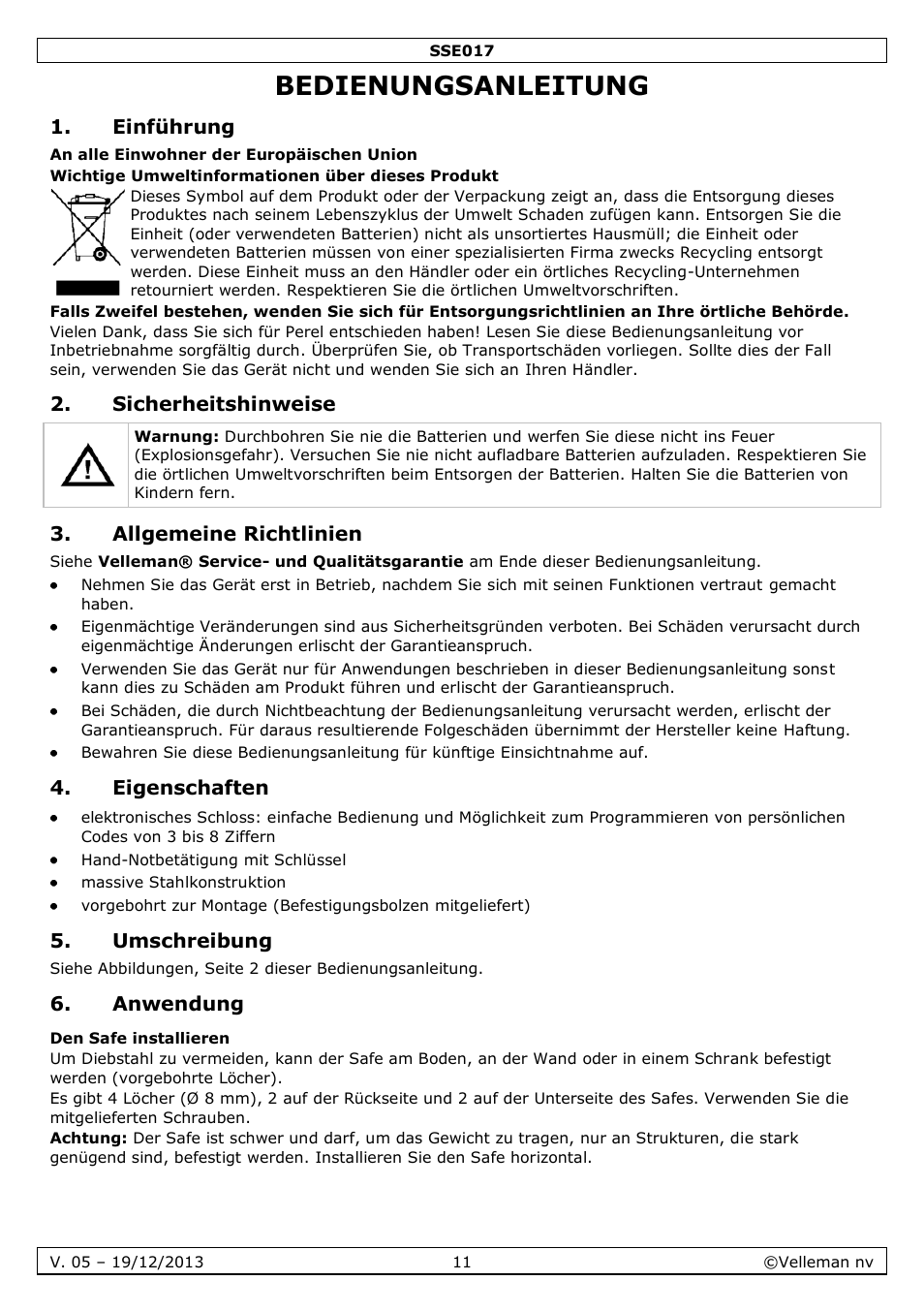 Bedienungsanleitung, Einführung, Sicherheitshinweise | Allgemeine richtlinien, Eigenschaften, Umschreibung, Anwendung, Den safe installieren | Velleman SSE017 User Manual | Page 11 / 16