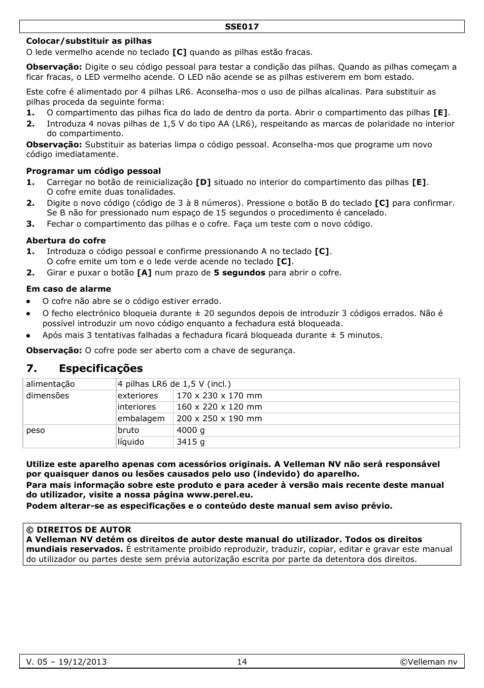 Colocar/substituir as pilhas, Programar um código pessoal, Abertura do cofre | Em caso de alarme, Especificações | Velleman SSE017 User Manual | Page 14 / 16