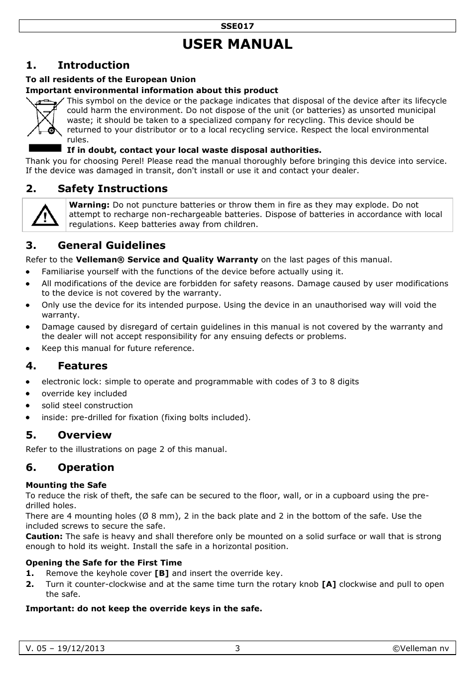 User manual, Introduction, Safety instructions | General guidelines, Features, Overview, Operation, Mounting the safe, Opening the safe for the first time | Velleman SSE017 User Manual | Page 3 / 16