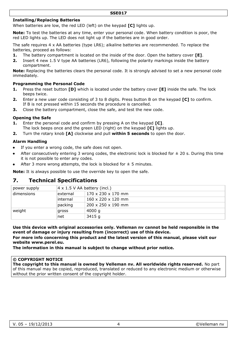 Installing/replacing batteries, Programming the personal code, Opening the safe | Alarm handling, Technical specifications | Velleman SSE017 User Manual | Page 4 / 16