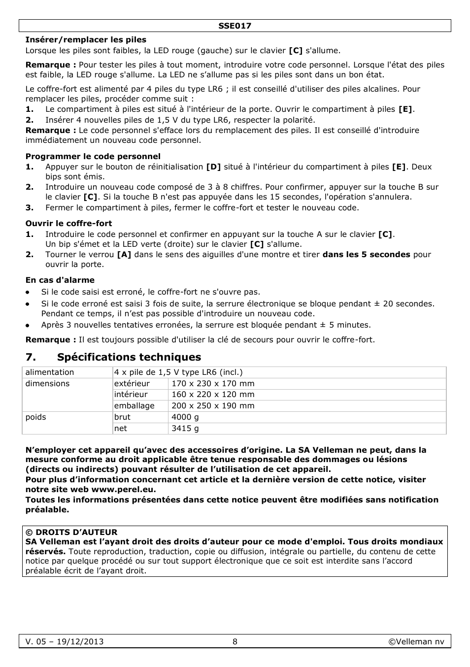 Insérer/remplacer les piles, Programmer le code personnel, Ouvrir le coffre-fort | En cas d'alarme, Spécifications techniques | Velleman SSE017 User Manual | Page 8 / 16