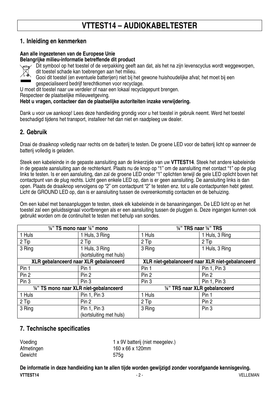 Vttest14 – audiokabeltester | Velleman VTTEST14 User Manual | Page 2 / 5