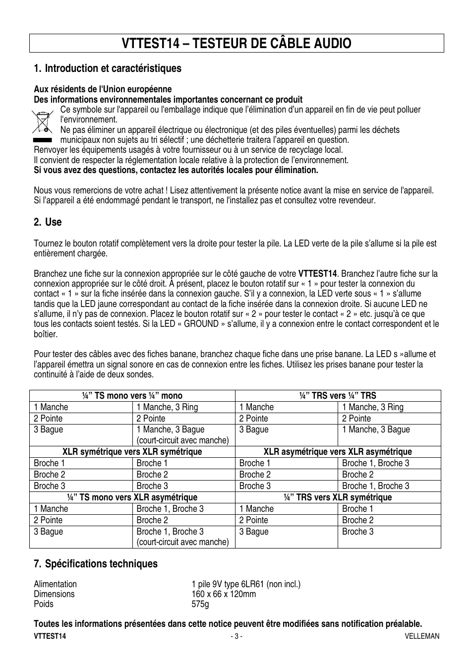 Vttest14 – testeur de câble audio | Velleman VTTEST14 User Manual | Page 3 / 5