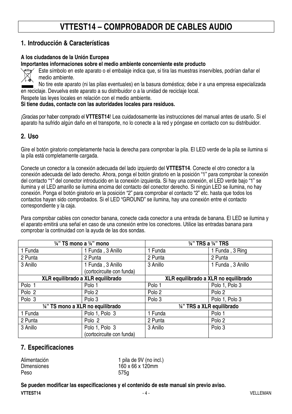Vttest14 – comprobador de cables audio | Velleman VTTEST14 User Manual | Page 4 / 5