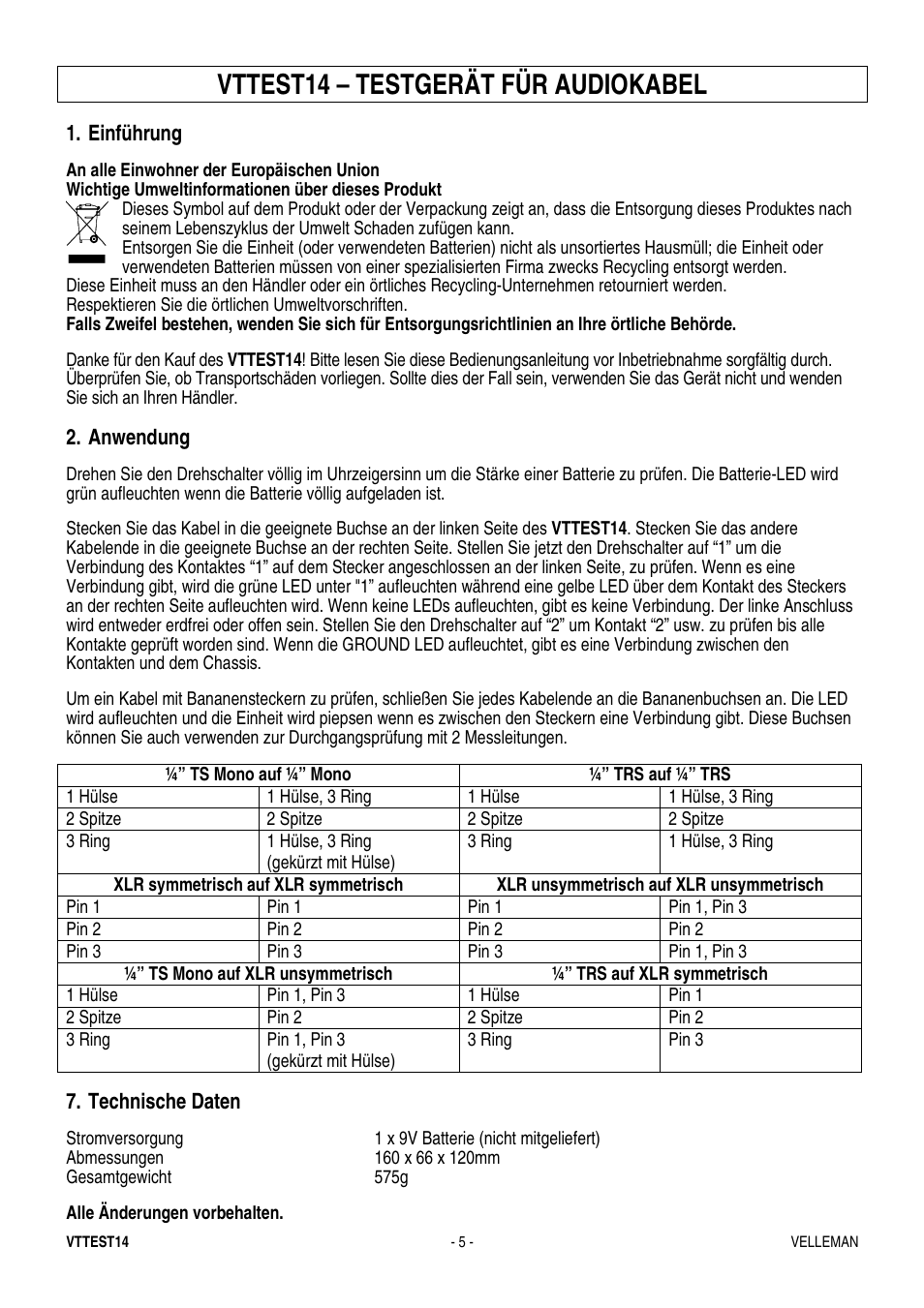Vttest14 – testgerät für audiokabel | Velleman VTTEST14 User Manual | Page 5 / 5