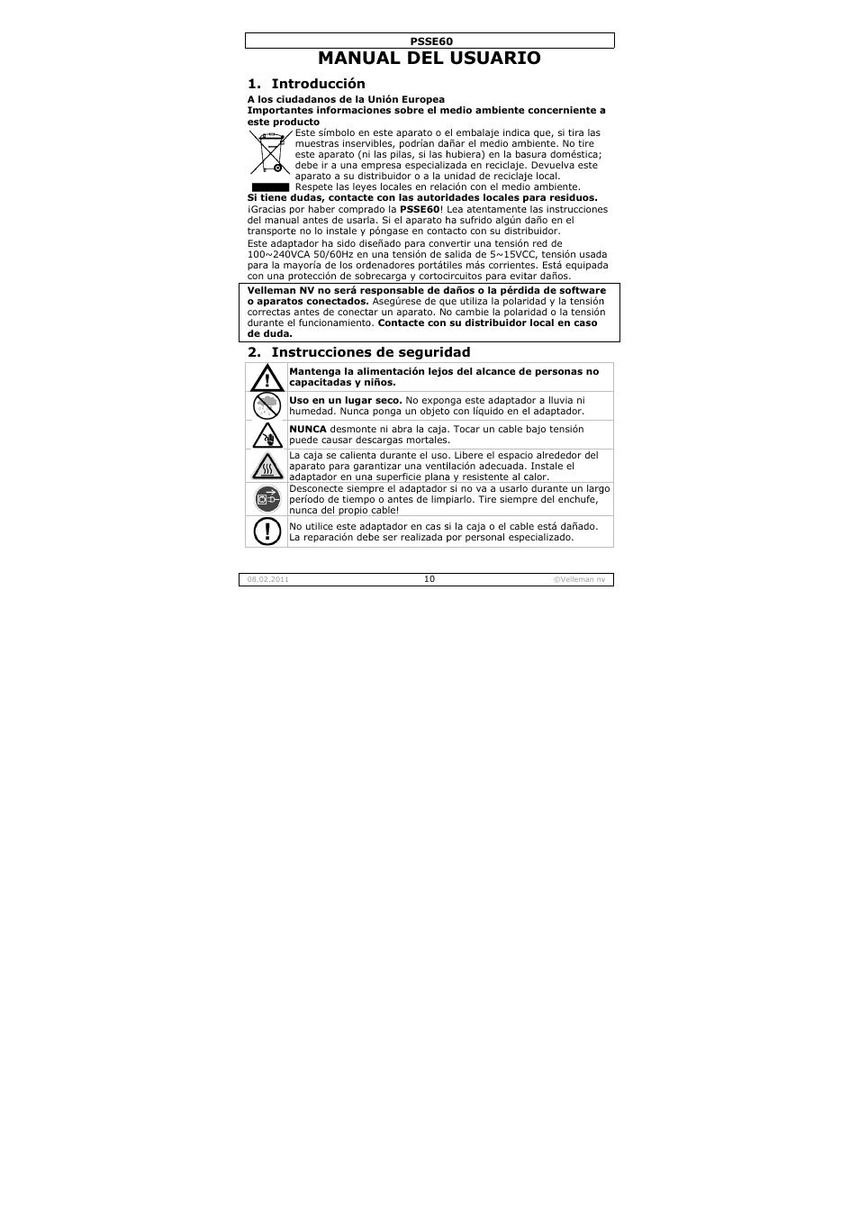 Manu, Ual del, Usuari | Troducción, Strucciones, S de segurid | Velleman PSSE60 User Manual | Page 10 / 18