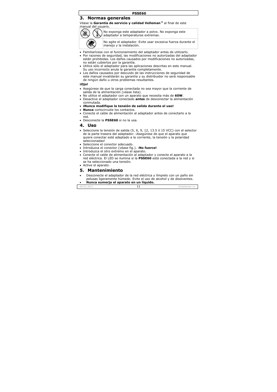 Normas generales, Mantenimiento | Velleman PSSE60 User Manual | Page 11 / 18