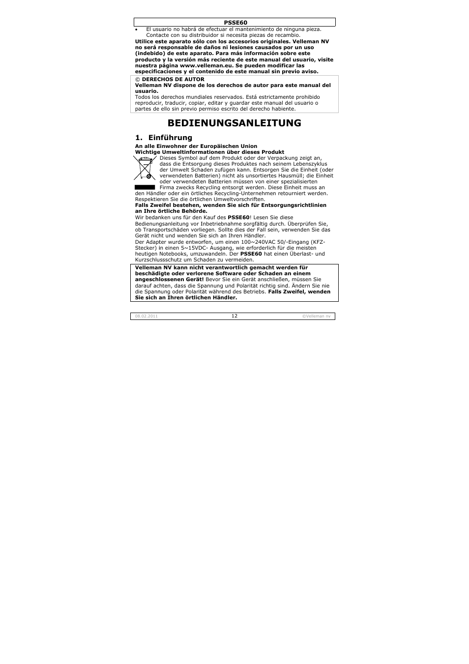 Bedien, Nungsa, Anleitu | Nführung | Velleman PSSE60 User Manual | Page 12 / 18