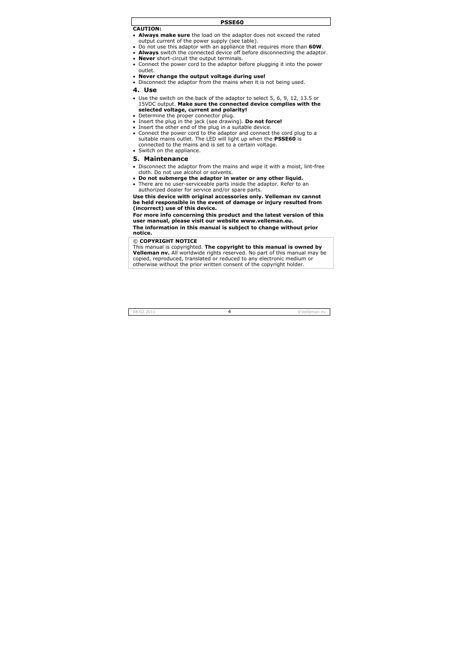 Velleman PSSE60 User Manual | Page 4 / 18