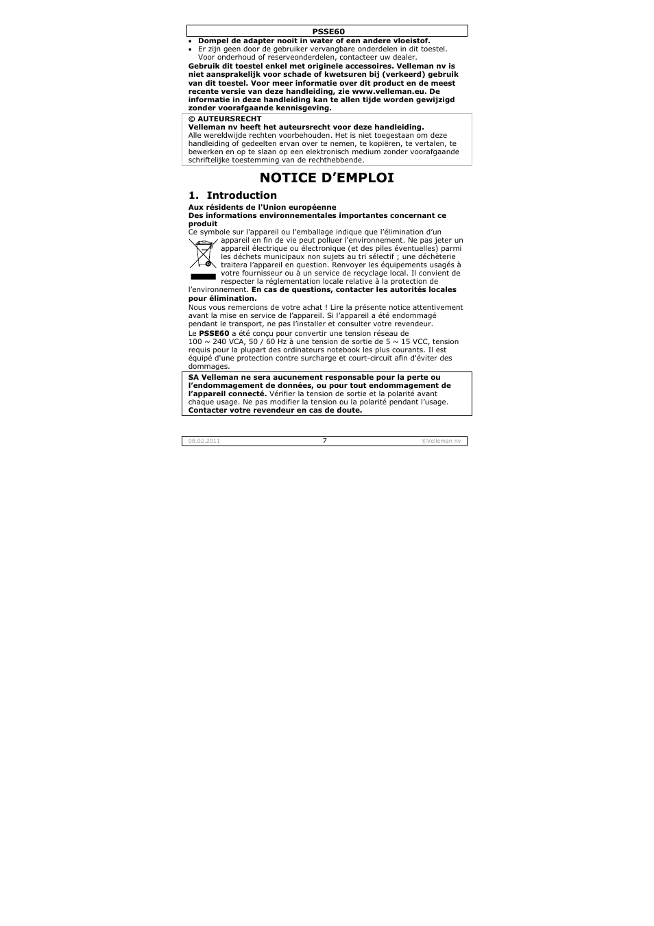 Tice d’e, Emploi, Troduction | Velleman PSSE60 User Manual | Page 7 / 18