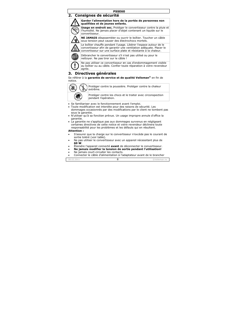 Nsignes de, Rectives gén, Sécurité | Nérales | Velleman PSSE60 User Manual | Page 8 / 18