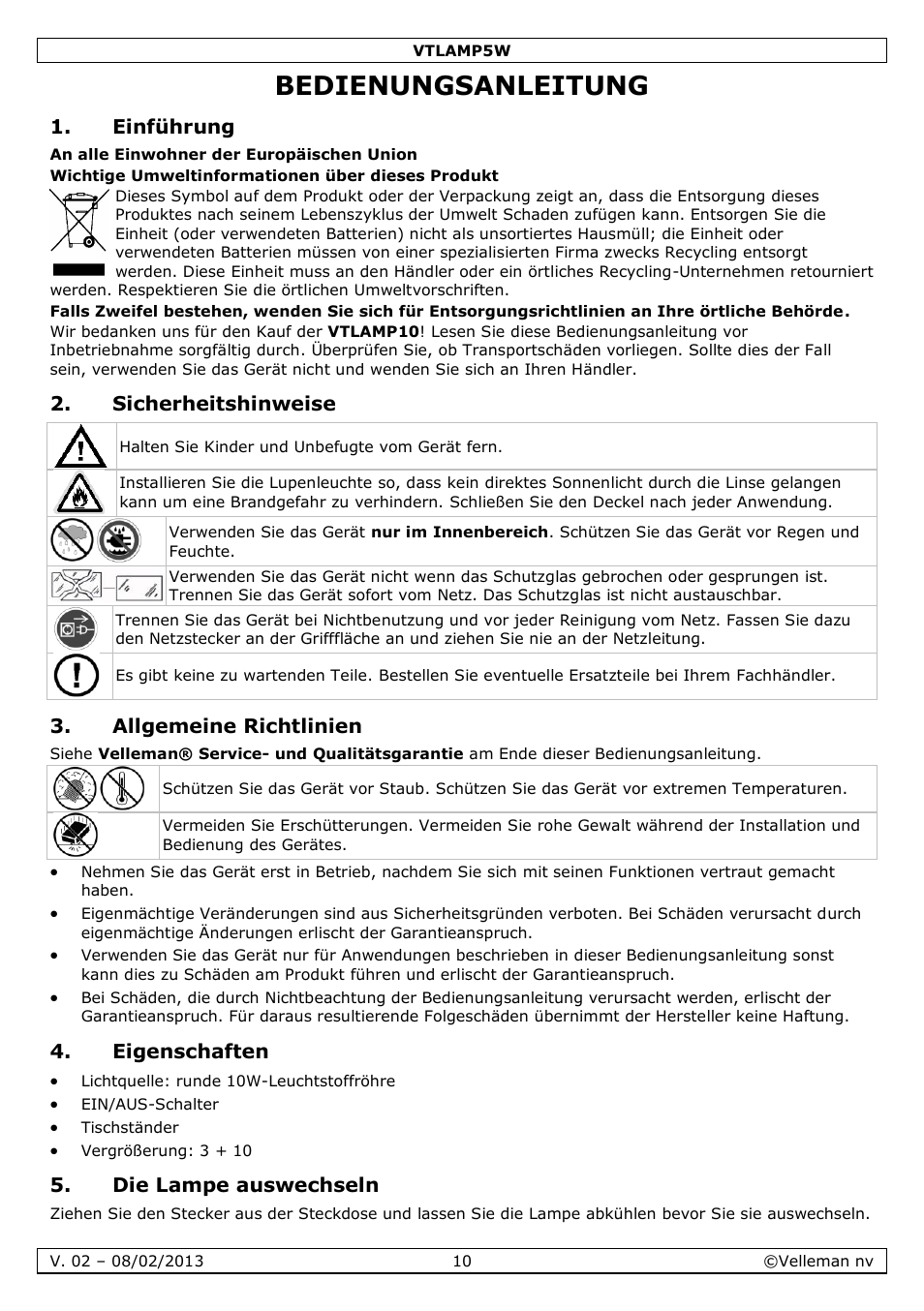 Bedienungsanleitung, Einführung, Sicherheitshinweise | Allgemeine richtlinien, Eigenschaften, Die lampe auswechseln | Velleman VTLAMP5W User Manual | Page 10 / 18