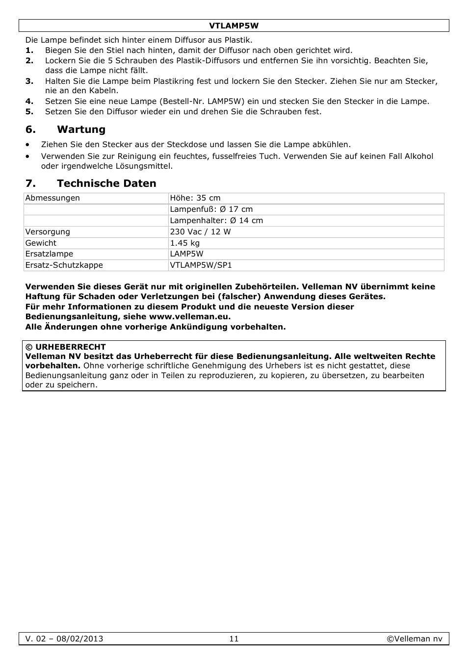 Wartung, Technische daten | Velleman VTLAMP5W User Manual | Page 11 / 18