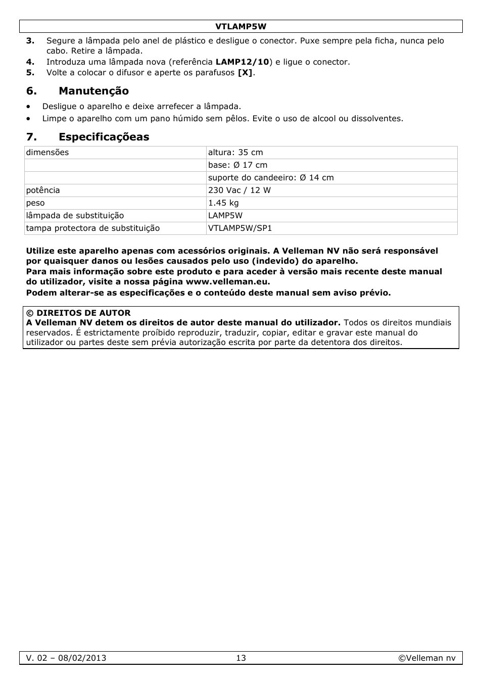 Manutenção, Especificaçõeas | Velleman VTLAMP5W User Manual | Page 13 / 18