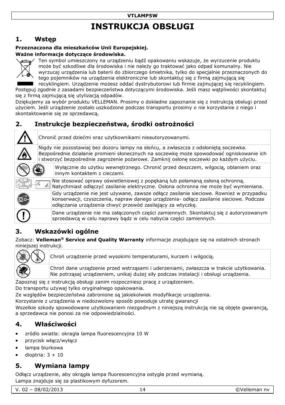 Instrukcja obsługi, Wstęp, Instrukcje bezpieczeństwa, środki ostrożności | Wskazówki ogólne, Właściwości, Wymiana lampy | Velleman VTLAMP5W User Manual | Page 14 / 18