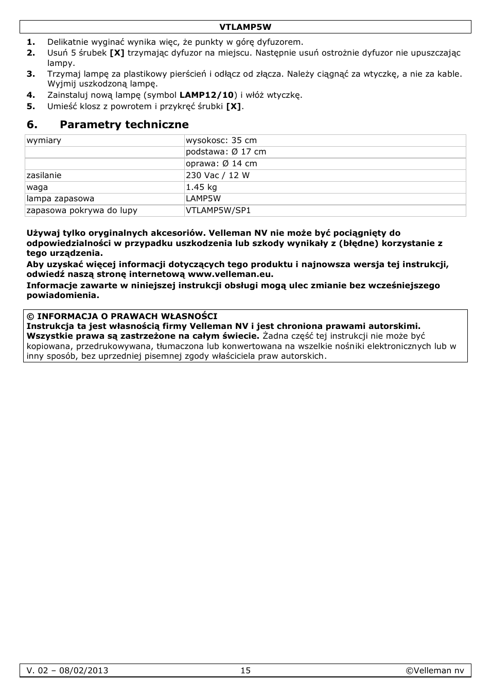 Parametry techniczne | Velleman VTLAMP5W User Manual | Page 15 / 18
