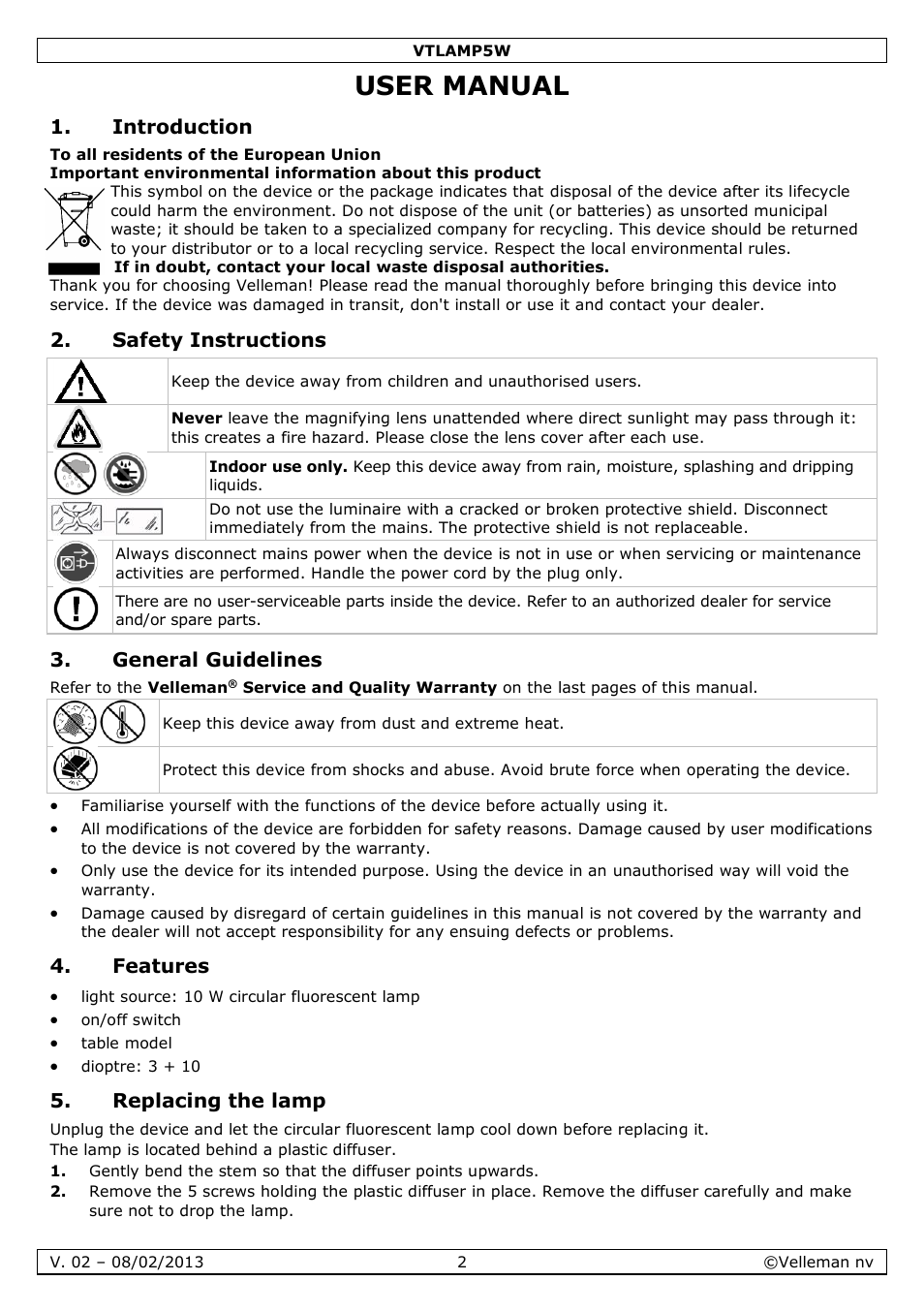 User manual, Introduction, Safety instructions | General guidelines, Features, Replacing the lamp | Velleman VTLAMP5W User Manual | Page 2 / 18