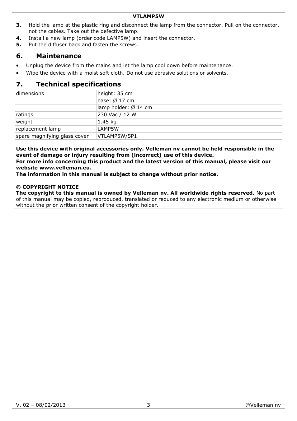 Maintenance, Technical specifications | Velleman VTLAMP5W User Manual | Page 3 / 18