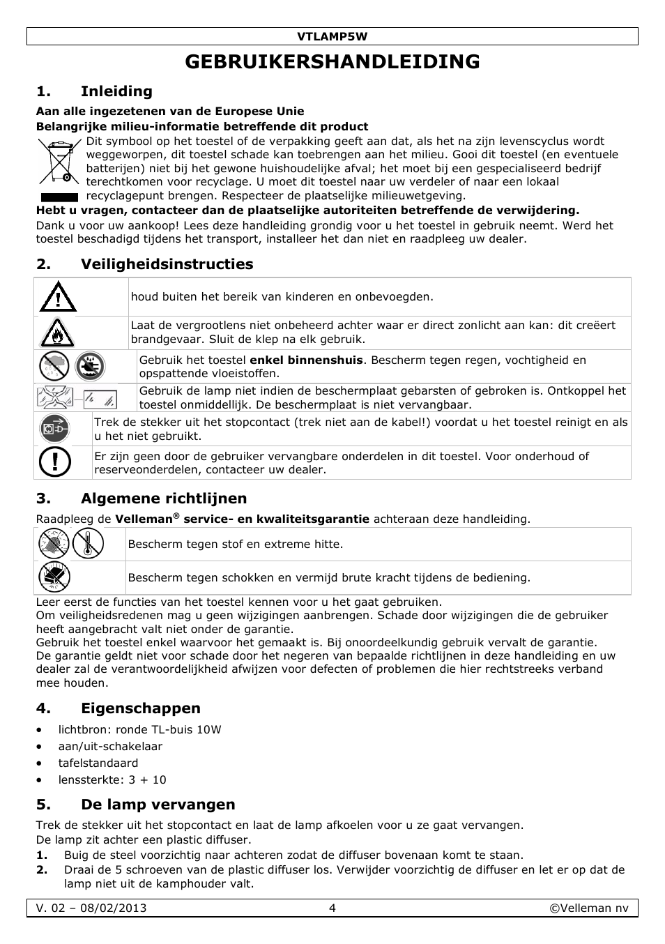 Gebruikershandleiding, Inleiding, Veiligheidsinstructies | Algemene richtlijnen, Eigenschappen, De lamp vervangen | Velleman VTLAMP5W User Manual | Page 4 / 18